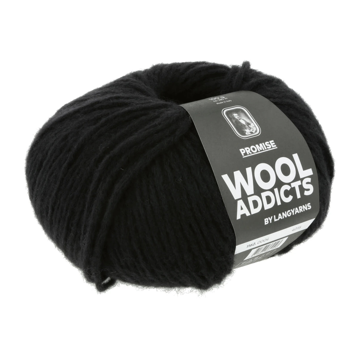 Lang Yarns Promise in kleur Black 0004, bol garen met Wool Addicts-banderol op een witte achtergrond.