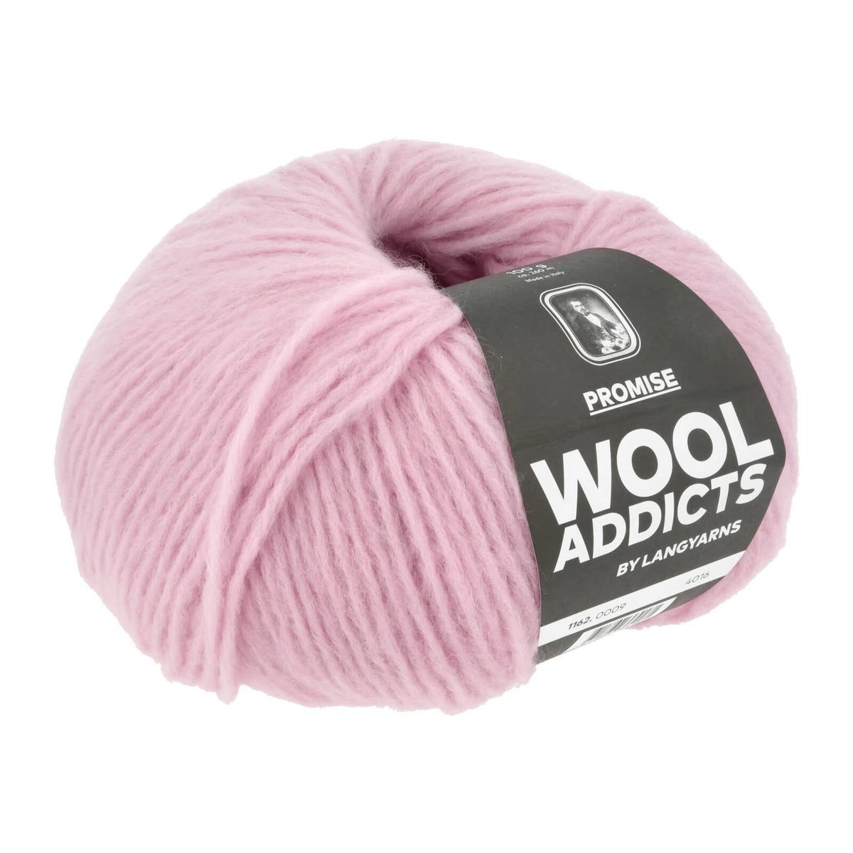 Lang Yarns Promise in kleur Quartz 0009, bol garen met Wool Addicts-banderol op een witte achtergrond.