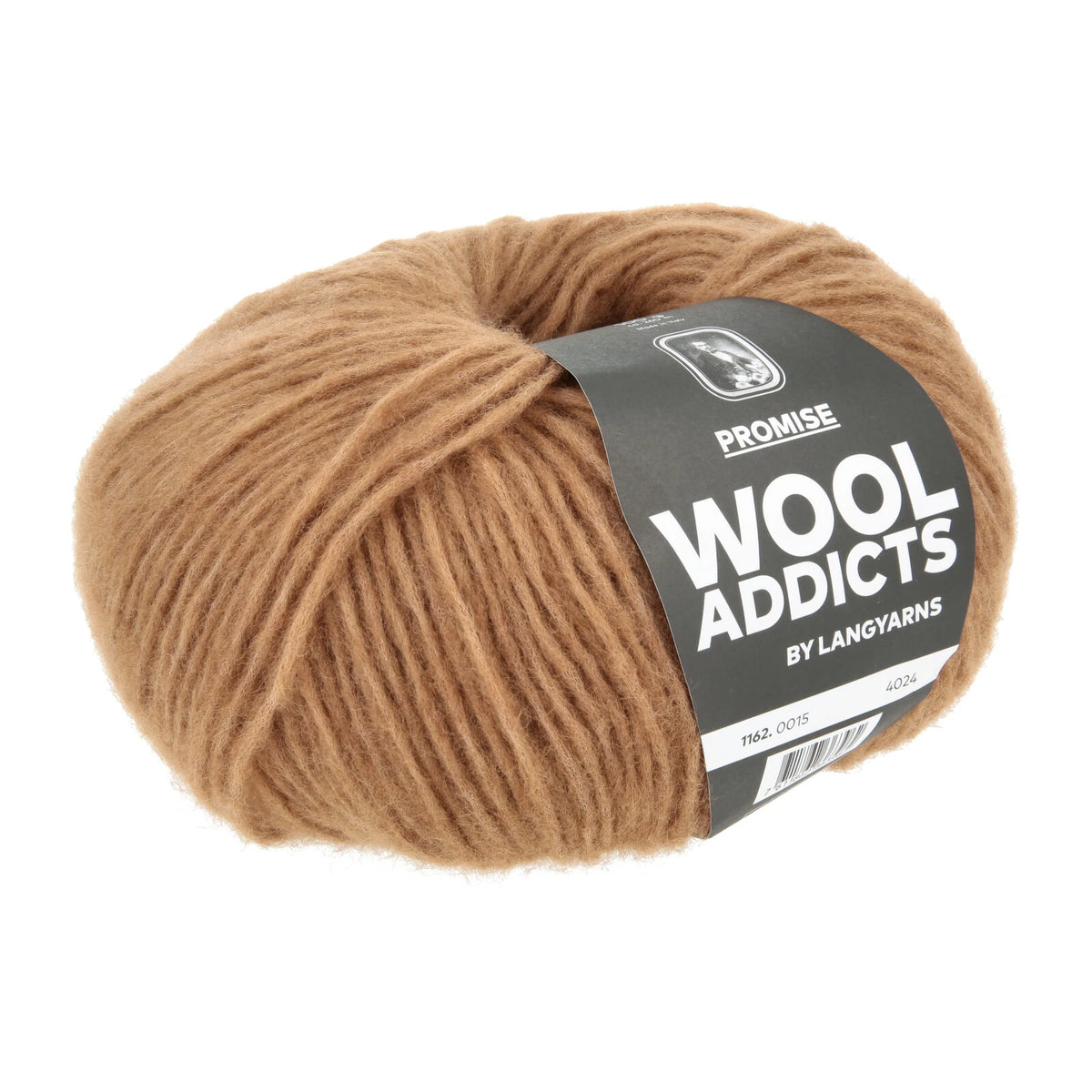Lang Yarns Promise in kleur Nougat 0015, bol garen met Wool Addicts-banderol op een witte achtergrond.