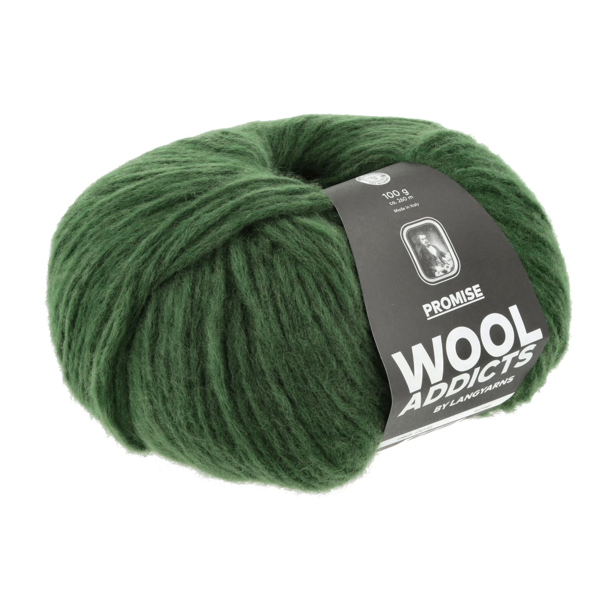 Lang Yarns Promise in kleur Avocado 0016, bol garen met Wool Addicts-banderol op een witte achtergrond.