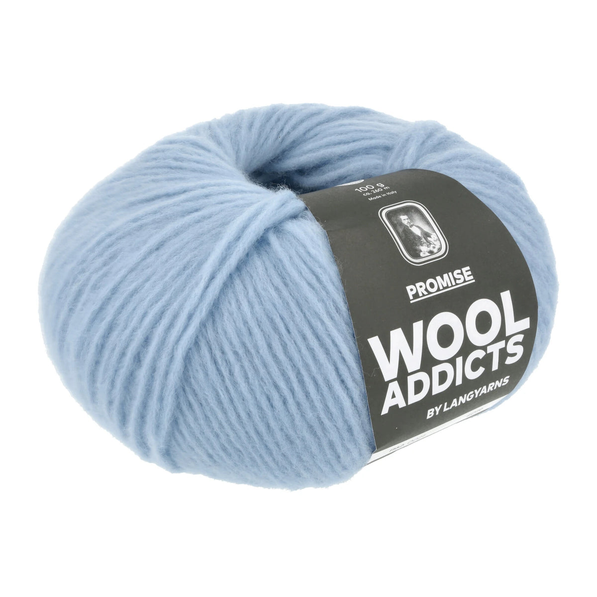 Lang Yarns Promise in kleur Light Blue 0021, bol garen met Wool Addicts-banderol op een witte achtergrond.