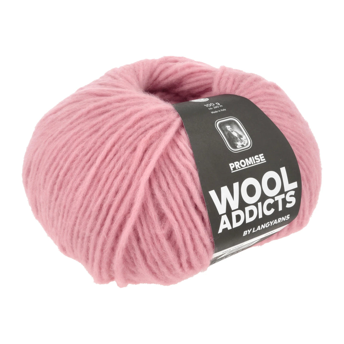 Lang Yarns Promise in kleur Melon 0029, bol garen met Wool Addicts-banderol op een witte achtergrond.