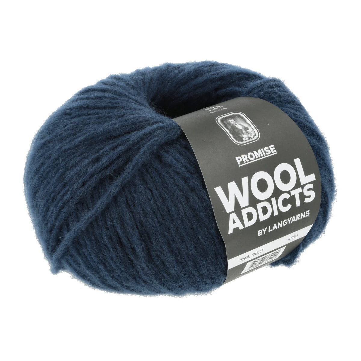 Lang Yarns Promise in kleur Steel 0033, bol garen met Wool Addicts-banderol op een witte achtergrond.