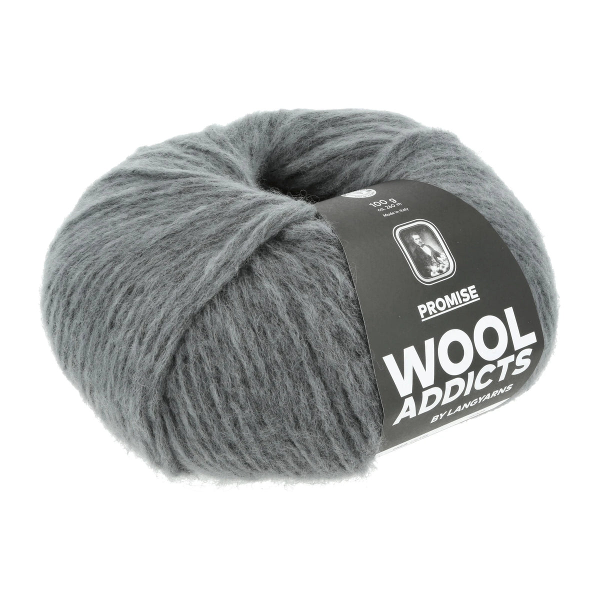 Lang Yarns Promise in kleur Jeans 0034, bol garen met Wool Addicts-banderol op een witte achtergrond.