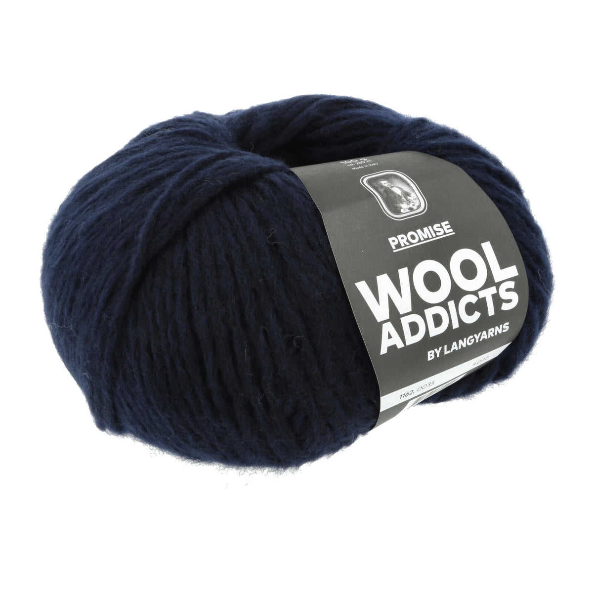 Lang Yarns Promise in kleur Navy 0035, bol garen met Wool Addicts-banderol op een witte achtergrond.