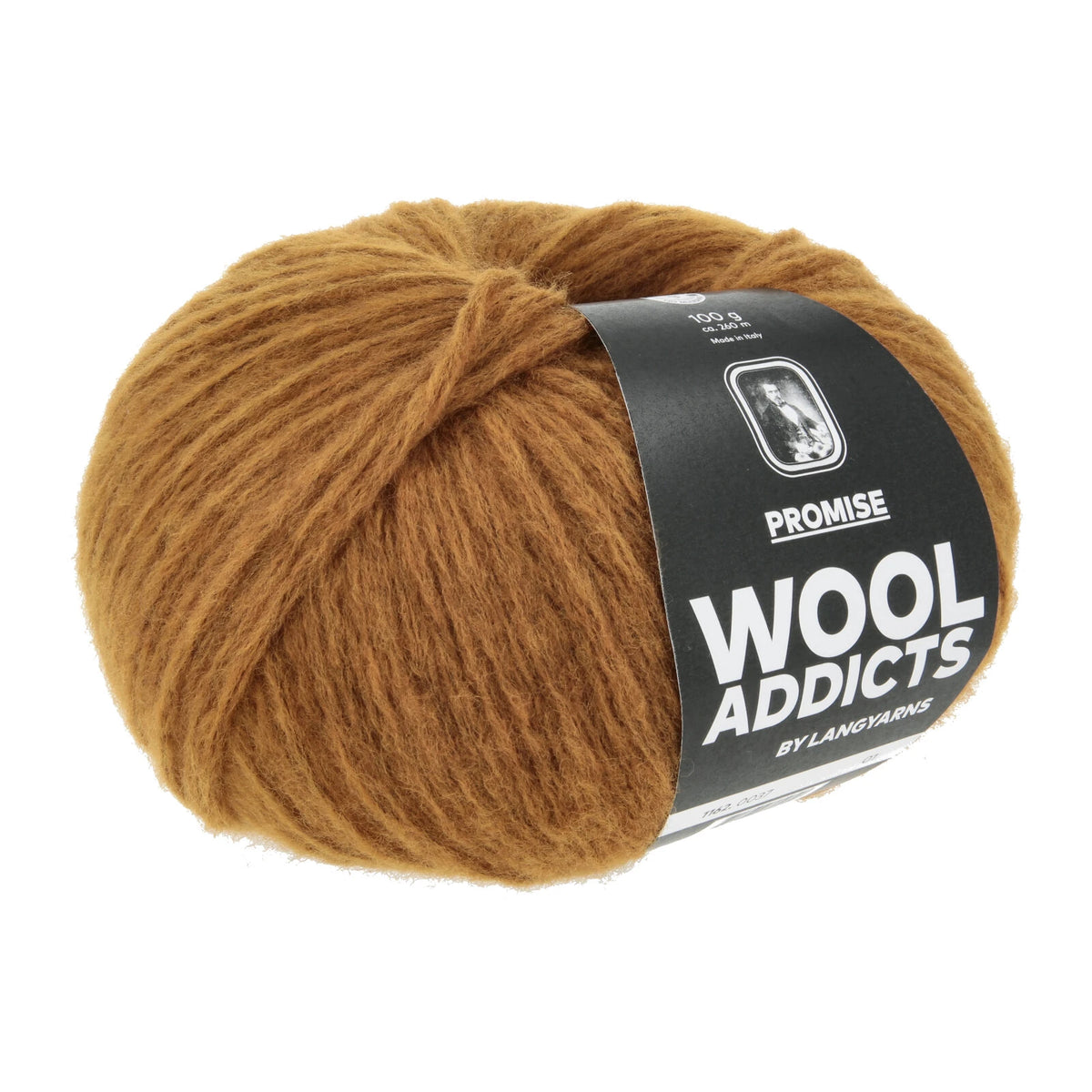 Lang Yarns Promise in kleur Umber 0037, bol garen met Wool Addicts-banderol op een witte achtergrond.