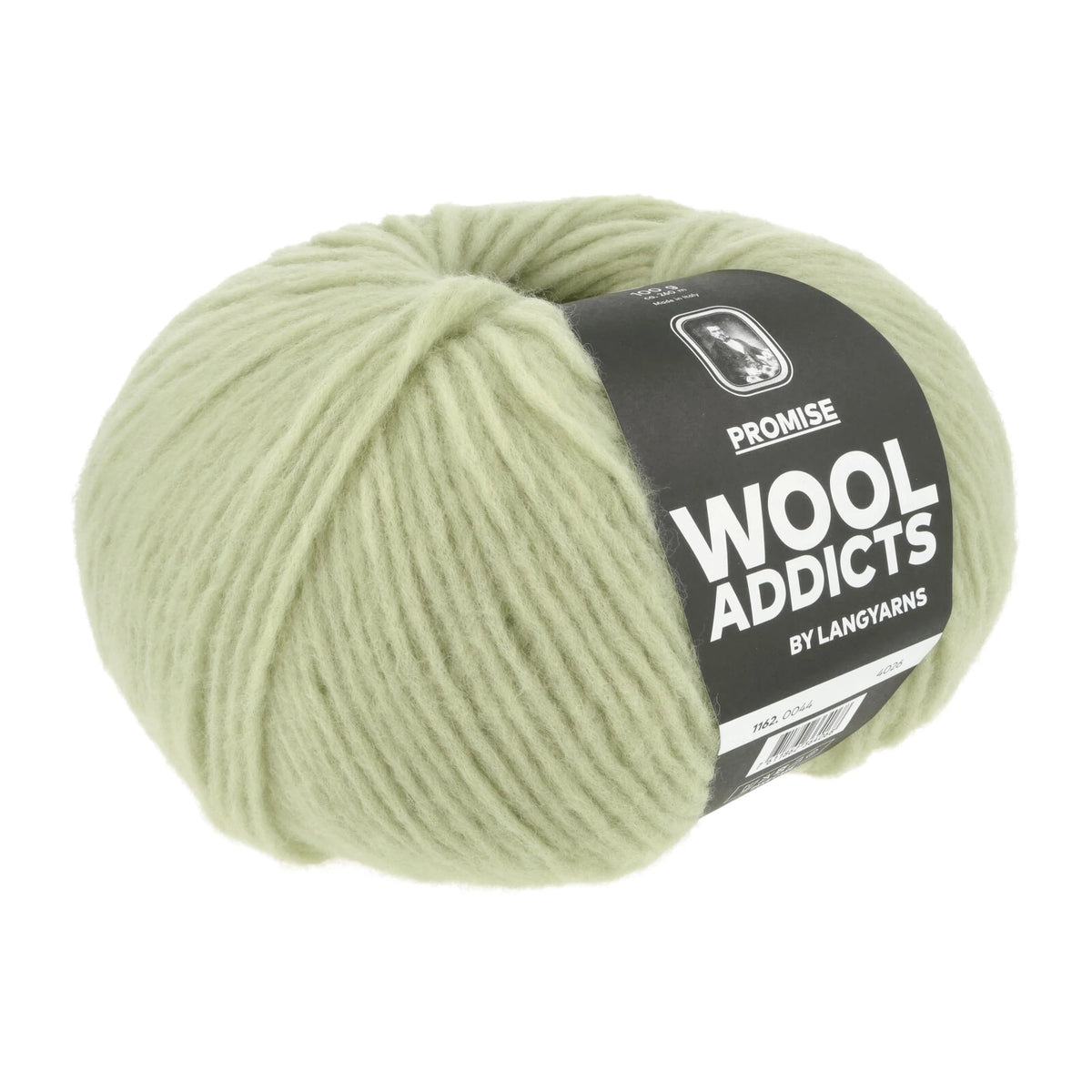 Lang Yarns Promise in kleur Lime 0044, bol garen met Wool Addicts-banderol op een witte achtergrond.