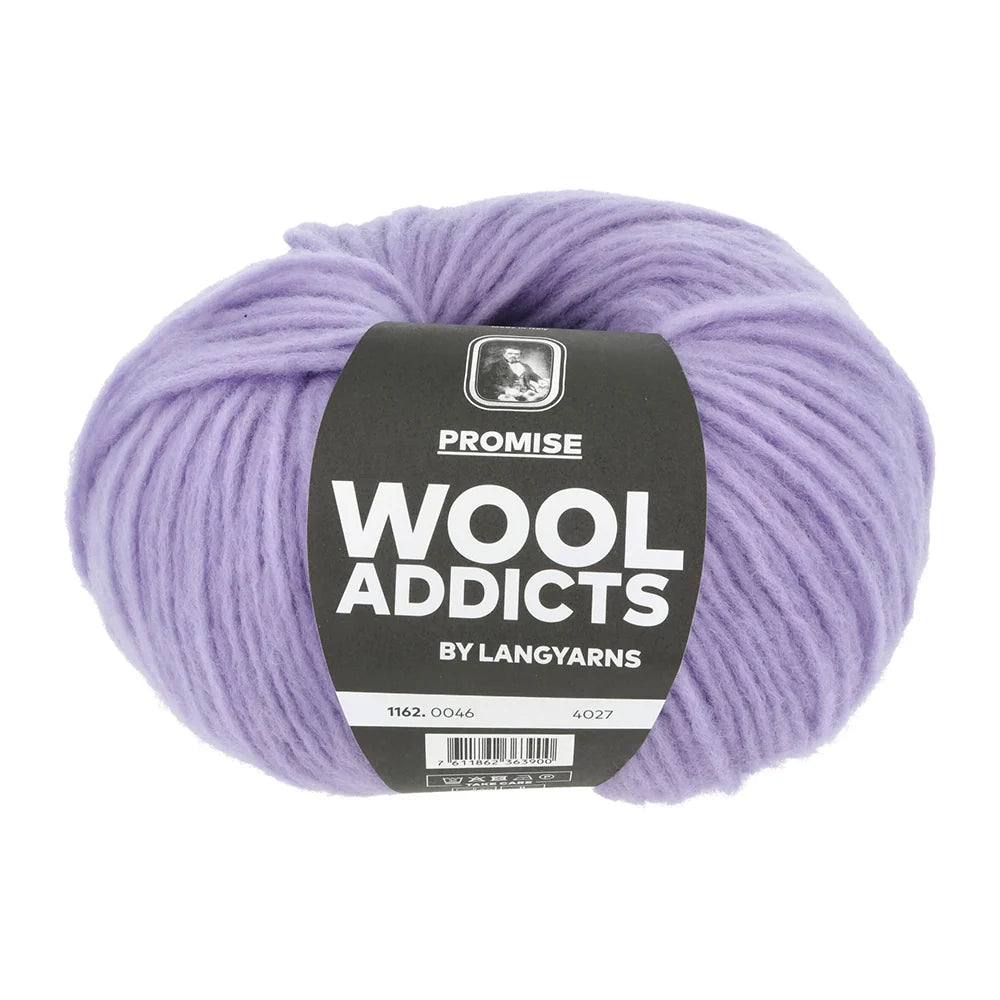 Lang Yarns Promise in kleur Lavender 0046, bol garen met Wool Addicts-banderol op een witte achtergrond.