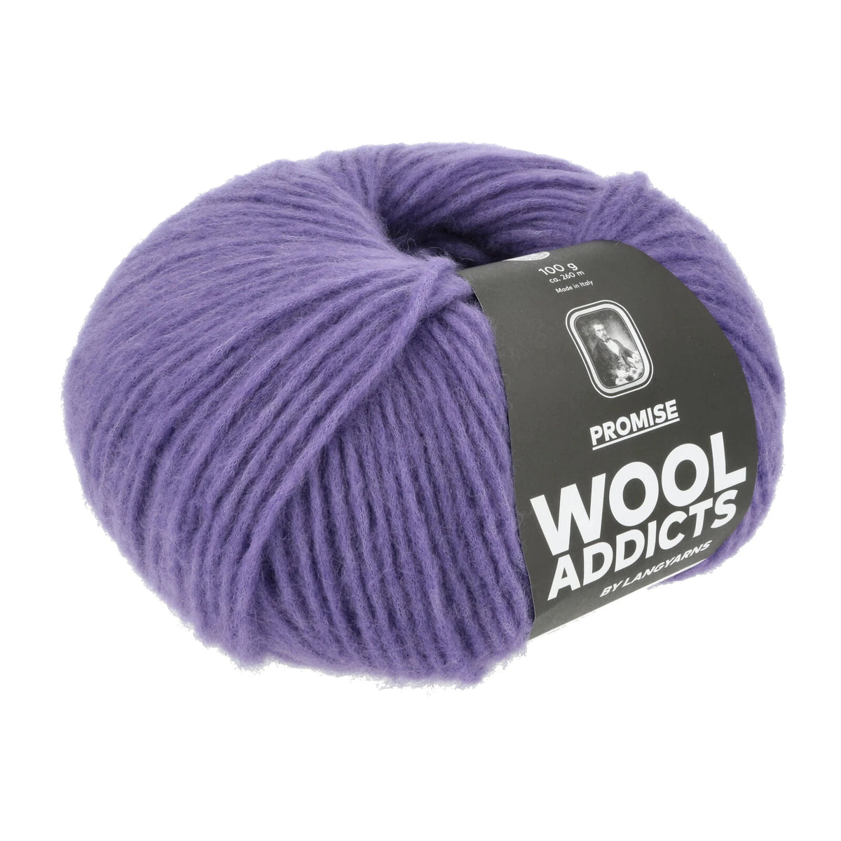 Lang Yarns Promise in kleur Lilac 0047, bol garen met Wool Addicts-banderol op een witte achtergrond.