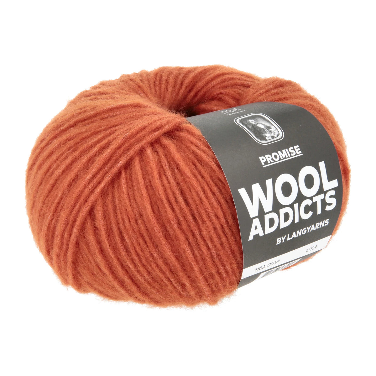 Lang Yarns Promise in kleur Pumpkin 0059, bol garen met Wool Addicts-banderol op een witte achtergrond.