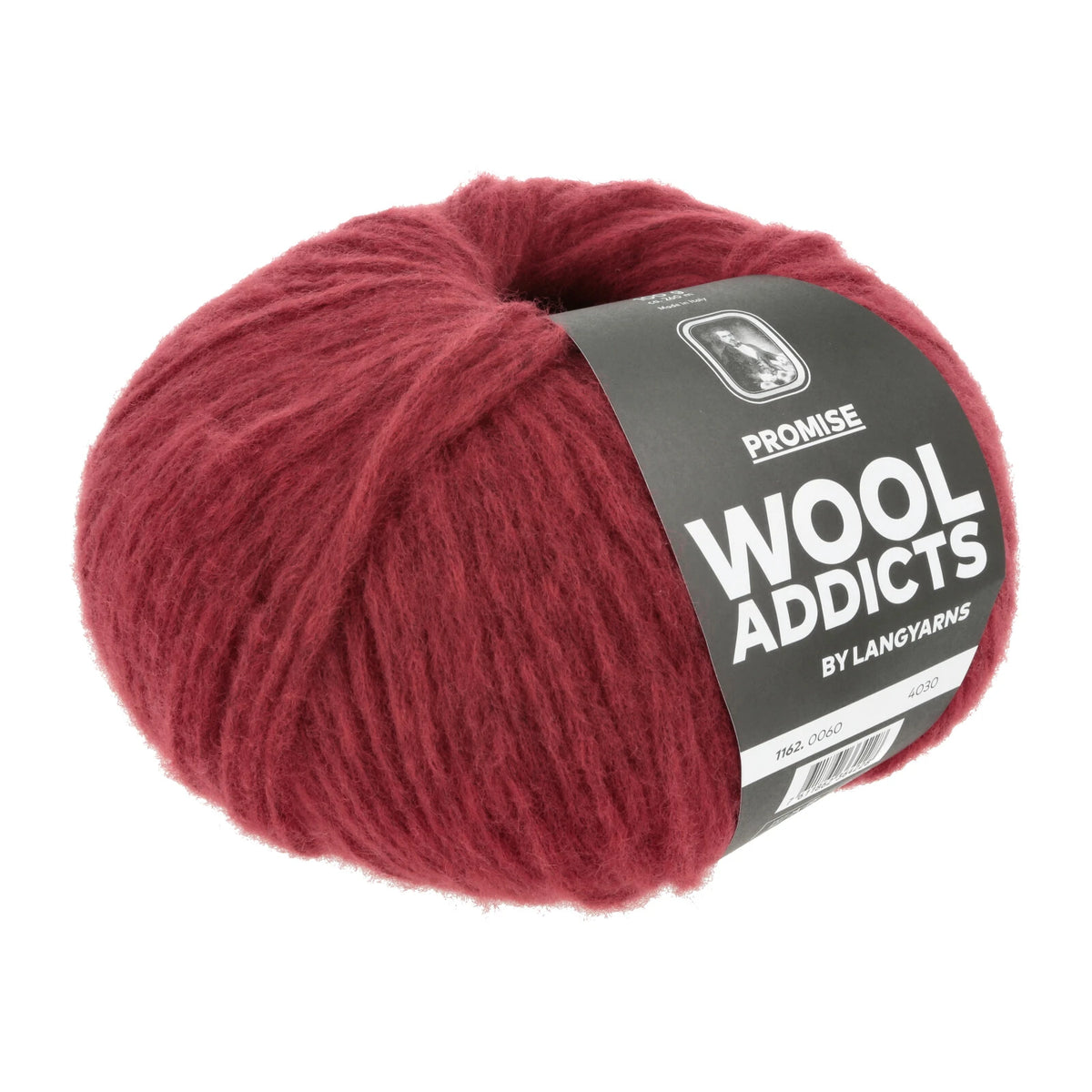 Lang Yarns Promise in kleur Ruby 0060, bol garen met Wool Addicts-banderol op een witte achtergrond.