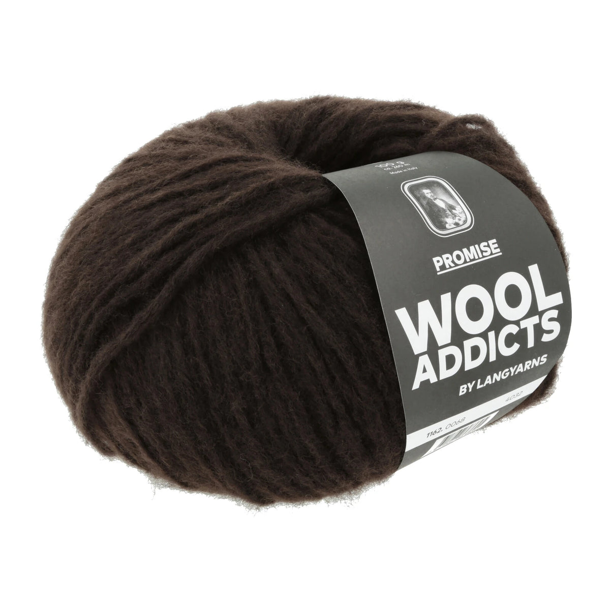 Lang Yarns Promise in kleur Coffee 0068, bol garen met Wool Addicts-banderol op een witte achtergrond.