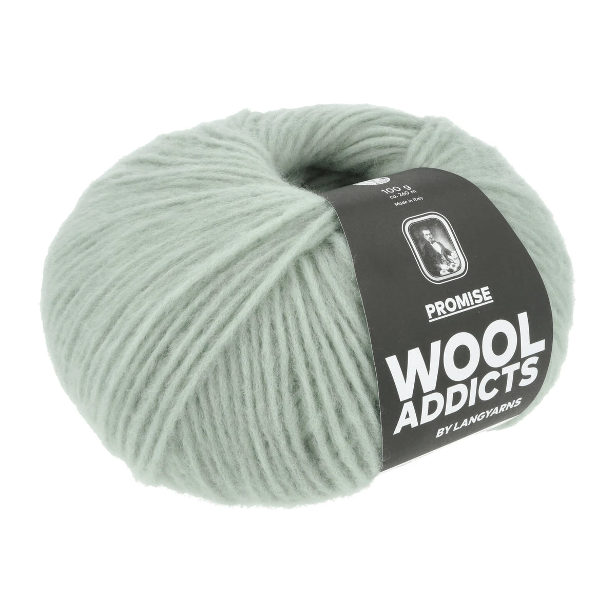 Lang Yarns Promise in kleur Sea Water 0071, bol garen met Wool Addicts-banderol op een witte achtergrond.
