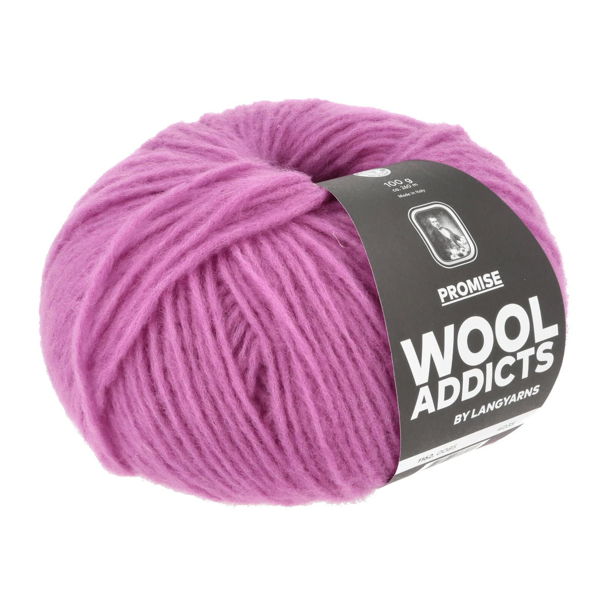 Lang Yarns Promise in kleur Hot Pink 0085, bol garen met Wool Addicts-banderol op een witte achtergrond.