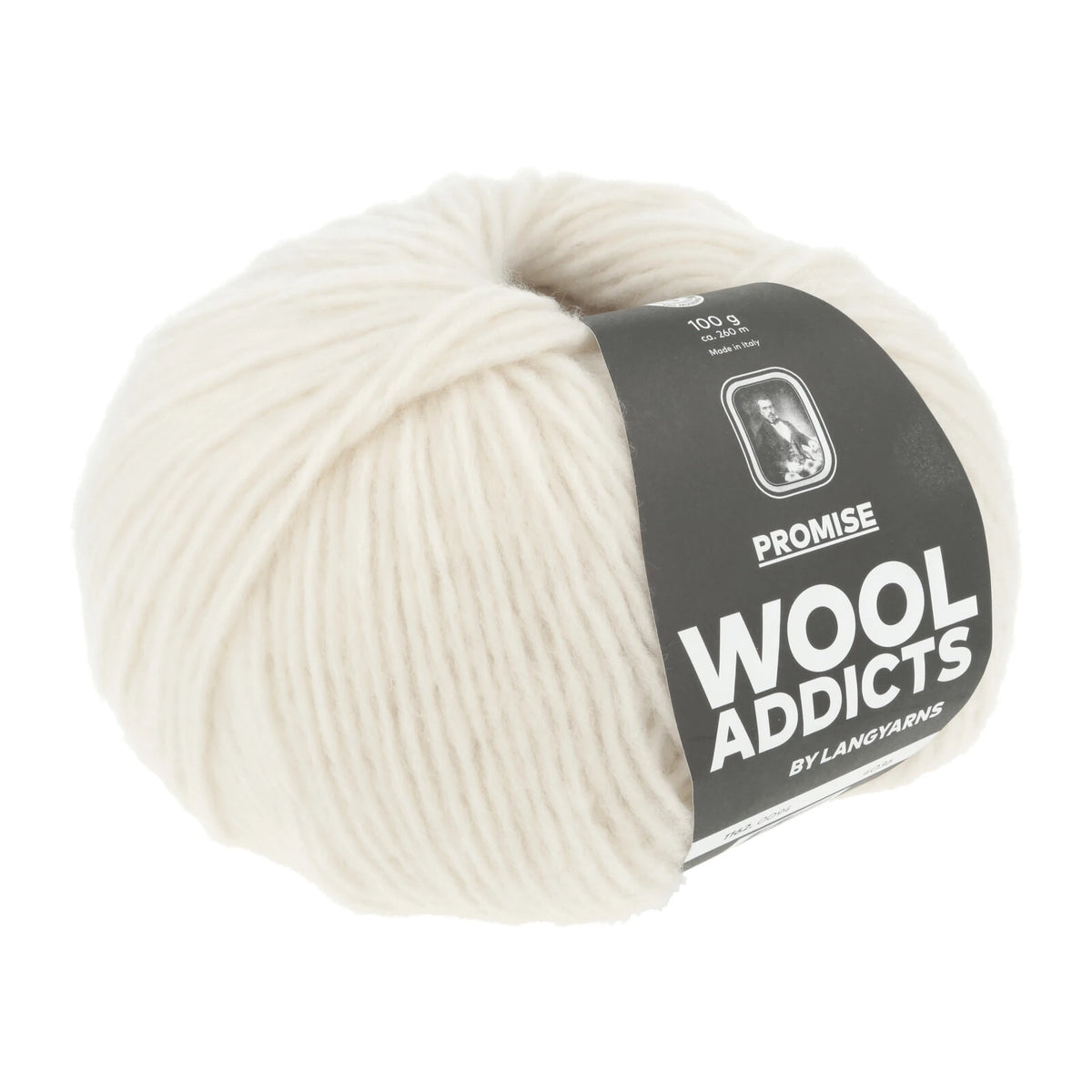 Lang Yarns Promise in kleur Off-White 0094, bol garen met Wool Addicts-banderol op een witte achtergrond.