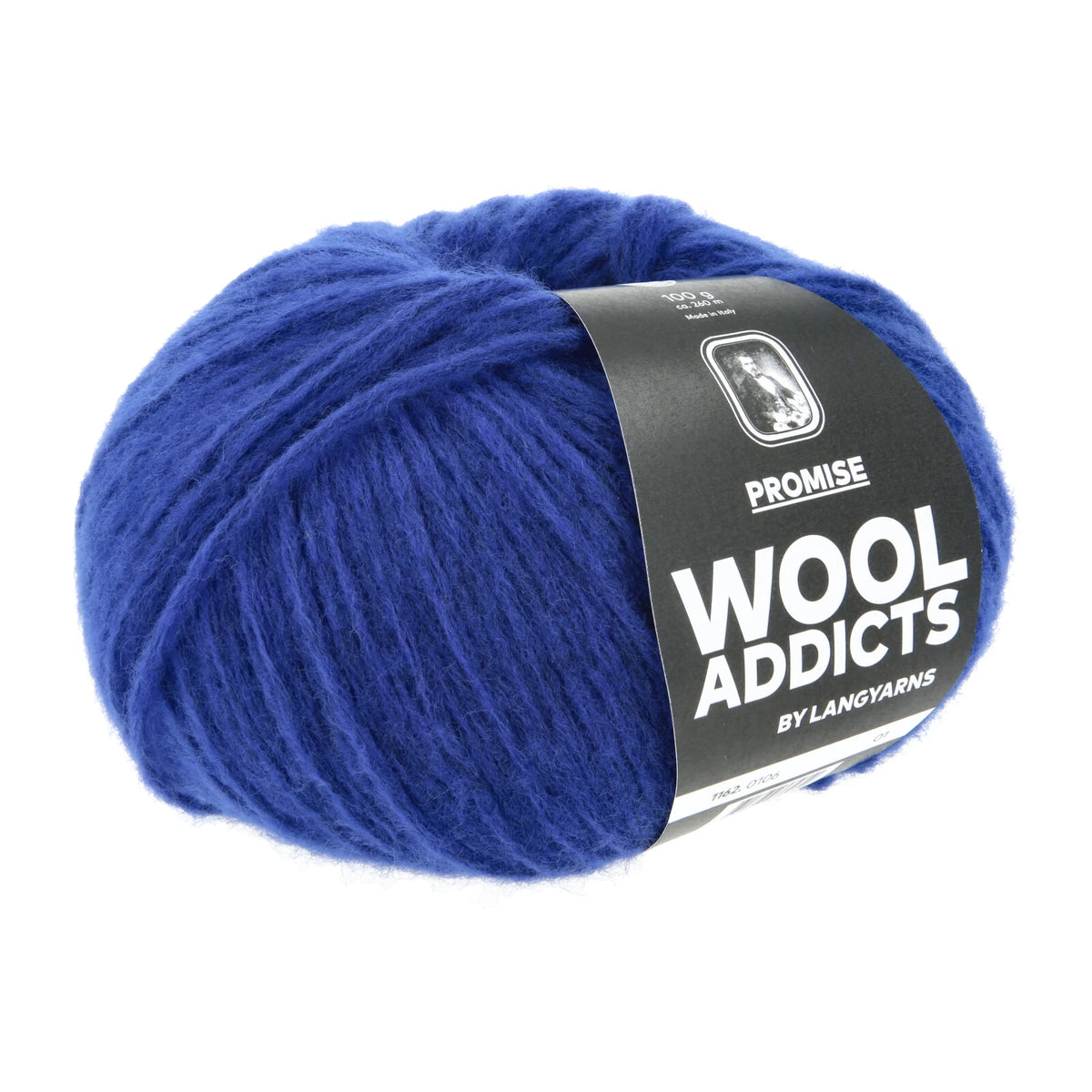 Lang Yarns Promise in kleur Juniper 0106, bol garen met Wool Addicts-banderol op een witte achtergrond.