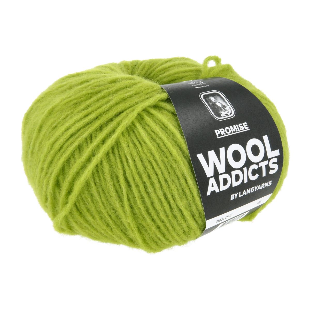 Lang Yarns Promise in kleur Matcha 0116, bol garen met Wool Addicts-banderol op een witte achtergrond.