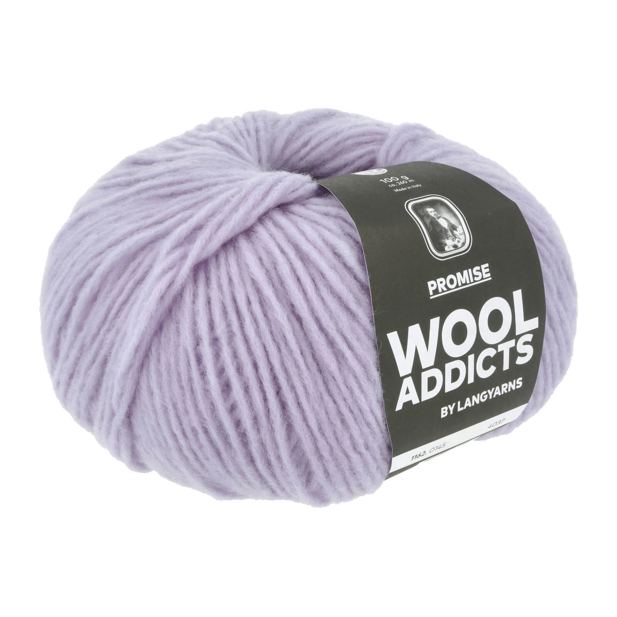 Lang Yarns Promise in kleur Heather 0145, bol garen met Wool Addicts-banderol op een witte achtergrond.