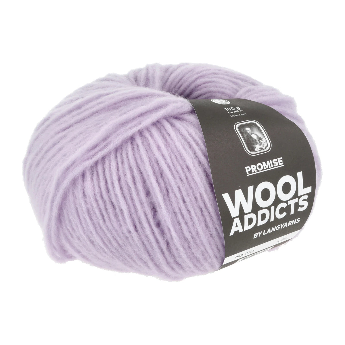 Lang Yarns Promise in kleur Mauve 0146, bol garen met Wool Addicts-banderol op een witte achtergrond.