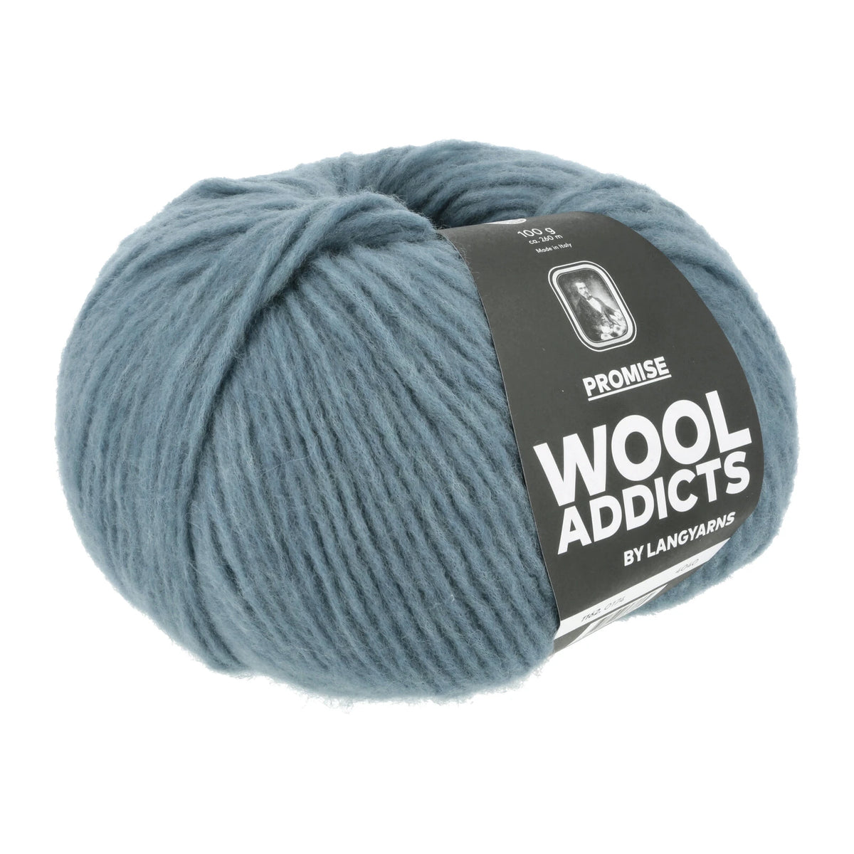 Lang Yarns Promise in kleur Dusk 0174, bol garen met Wool Addicts-banderol op een witte achtergrond.