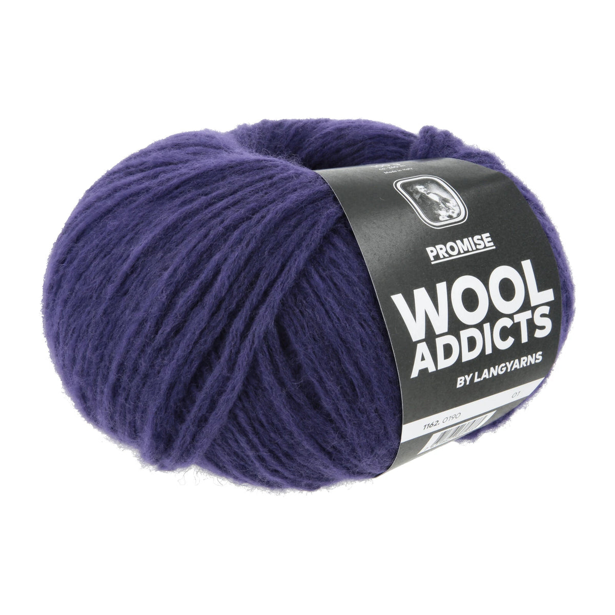 Lang Yarns Promise in kleur Blackberry 0190, bol garen met Wool Addicts-banderol op een witte achtergrond.