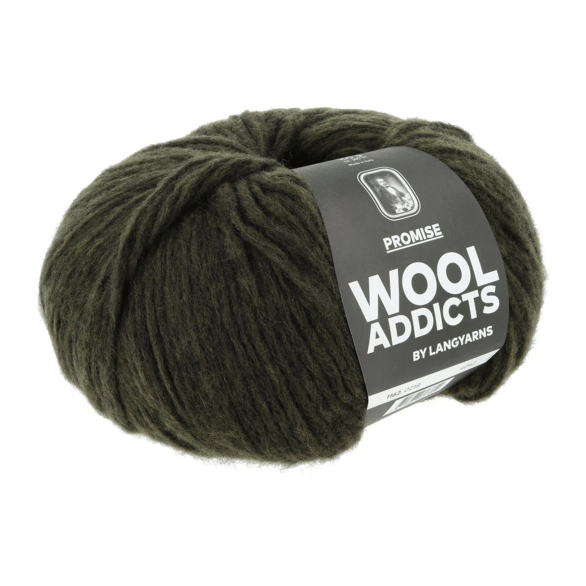 Lang Yarns Promise in kleur Pine 0218, bol garen met Wool Addicts-banderol op een witte achtergrond.